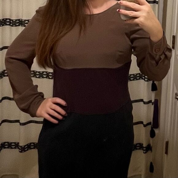 Vintage 90’s Pat Argenti Silk Neutral Colorblock Midi Dress M - Picture 2 of 8